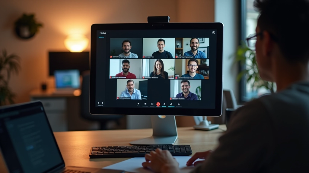 Reunião virtual de trabalho em tela de computador, profissionais em videoconferência, ambiente de home office moderno