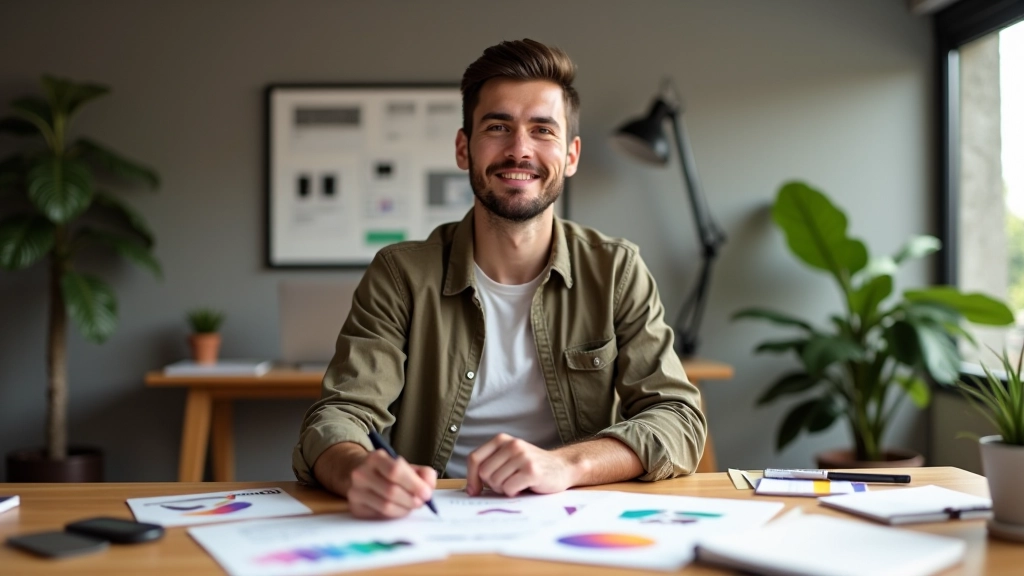 Designer criativo trabalhando em projeto de branding, rodeado de amostra de cores e sketches de marca