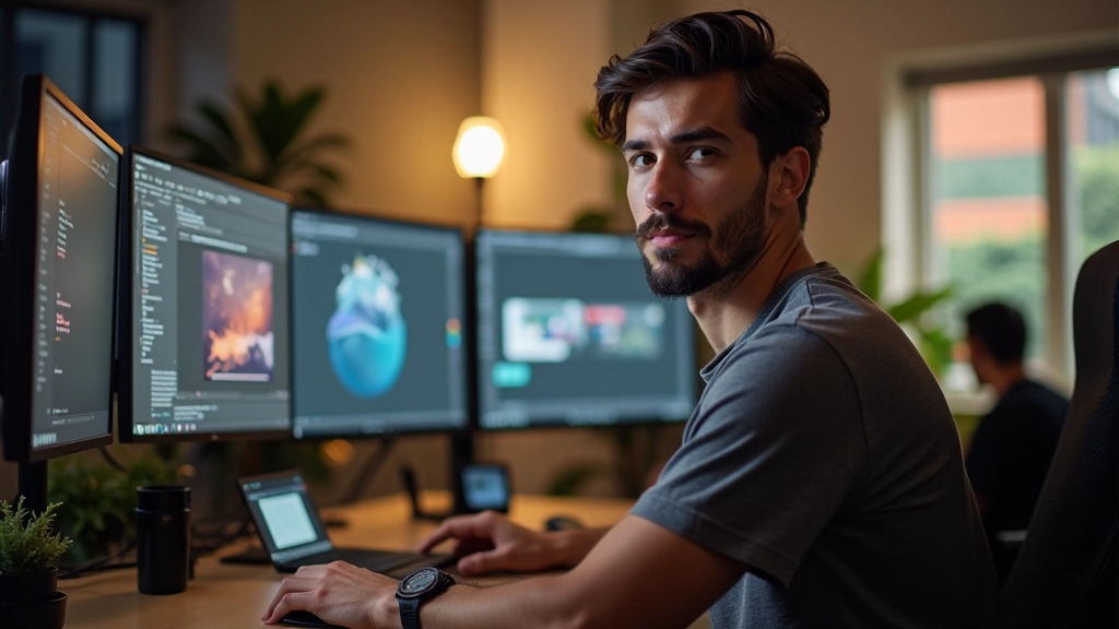 Designer criativo em estúdio moderno com múltiplos monitores exibindo projetos, sofás confortáveis ao fundo, iluminação profissional quente
