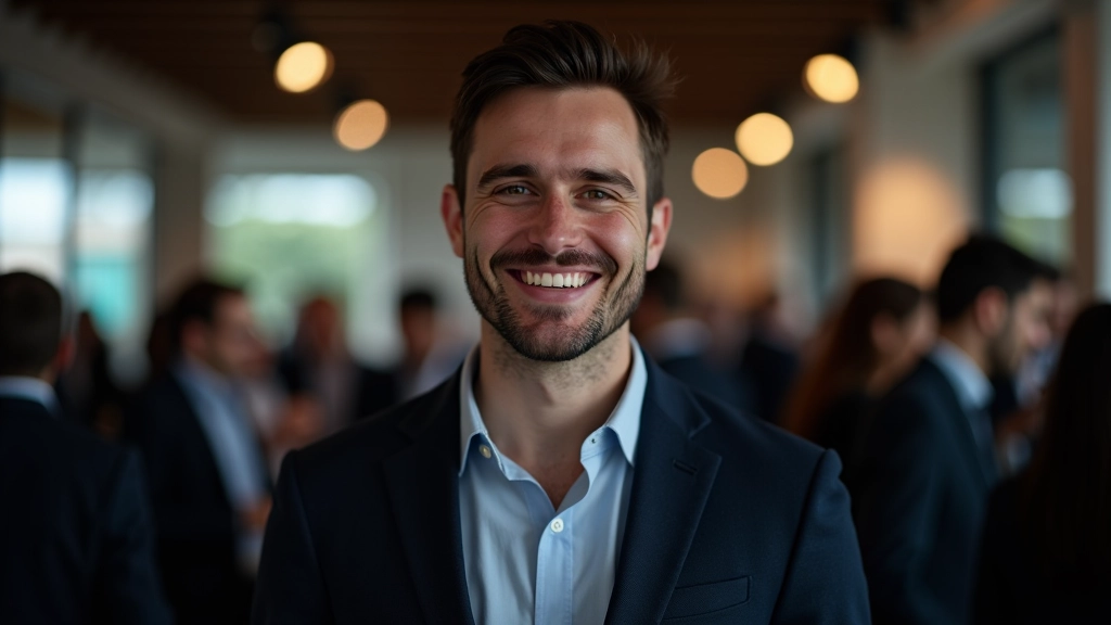Profissional de motion design em evento de networking, conversando com colegas em ambiente moderno de São Paulo