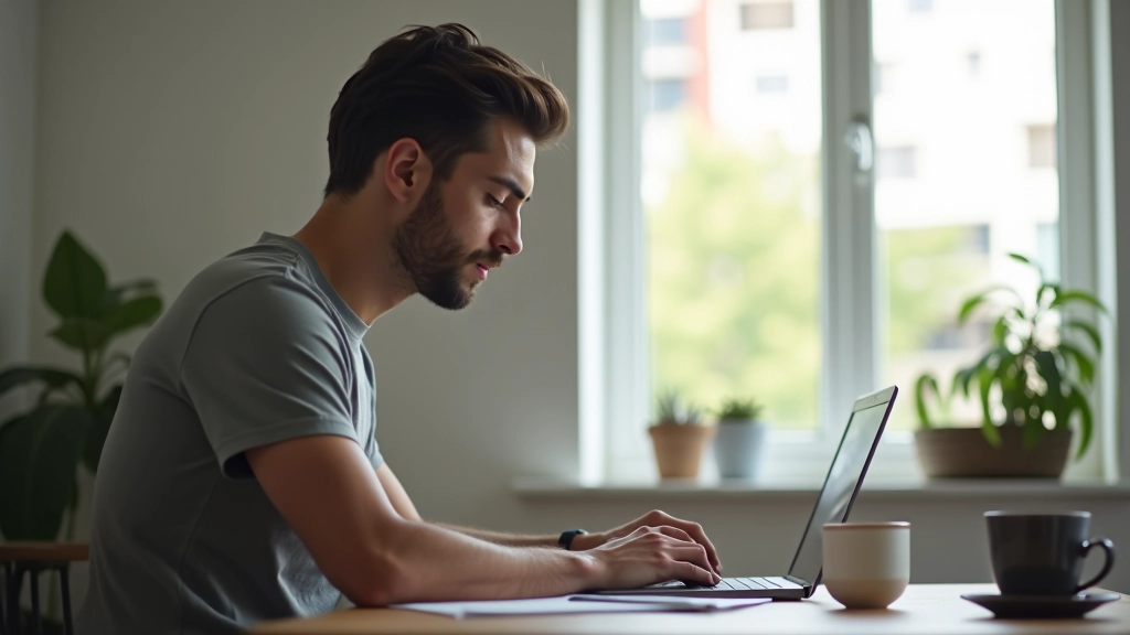 Profissional enviando email de follow-up profissional, com café ao lado, ambiente de home office moderno e organizado