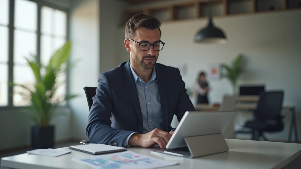 Profissional analisando gráficos de preços e mercado em tablet, com anotações ao lado