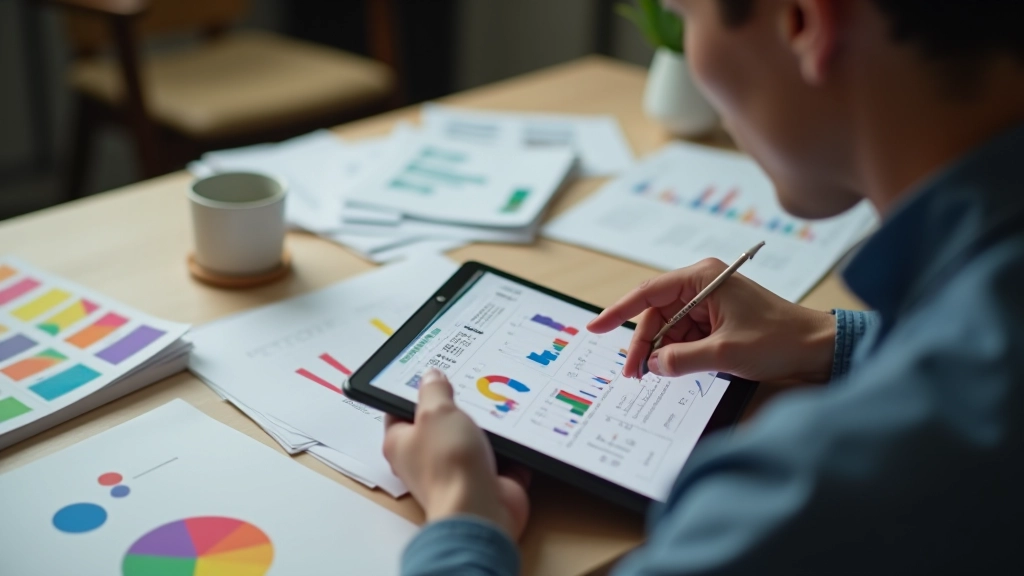 Pessoa analisando gráficos e dados de mercado em tablet, ambiente de trabalho colaborativo com notas espalhadas