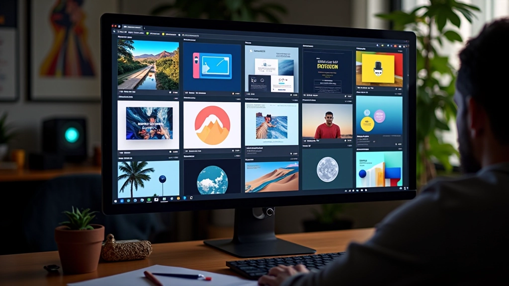 Portfólio digital exibido em monitor, mostrando projetos de motion design com cores vibrantes e layouts modernos