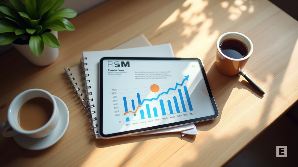 Gráfico de crescimento do mercado criativo em tablet, com café e anotações ao lado na mesa de trabalho, iluminação natural matinal