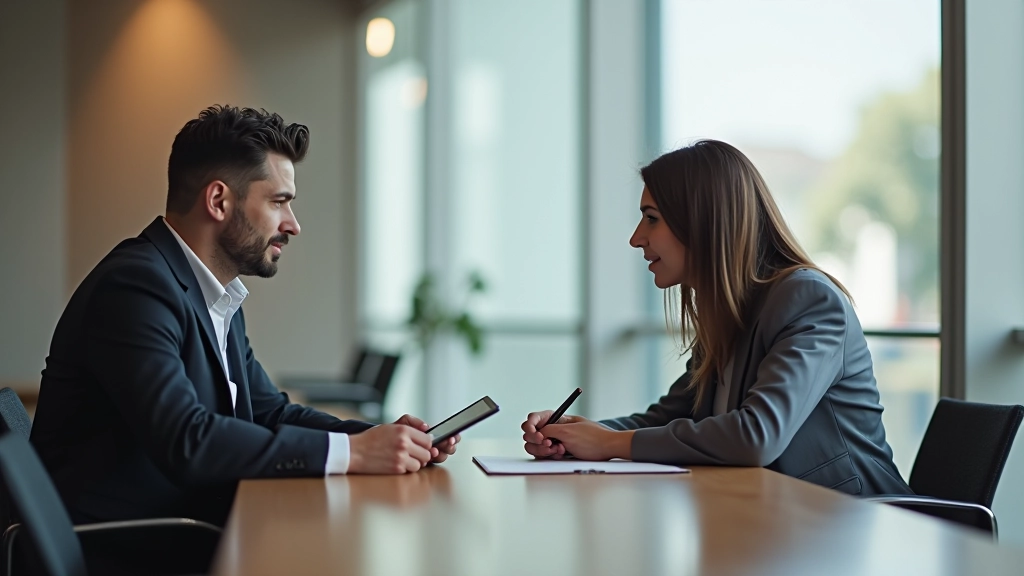 Reunião de negócio com profissional apresentando proposta em tablet para cliente